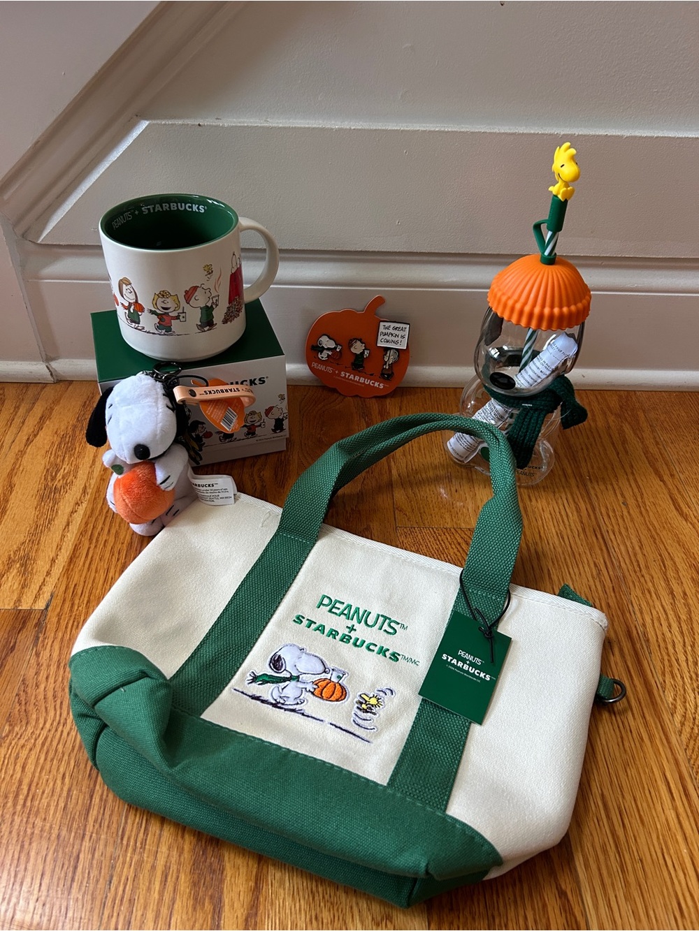 Starbucks Peanuts Snoopy Charlie Brown Bundle Tote Keychain Lins Glass Bearista